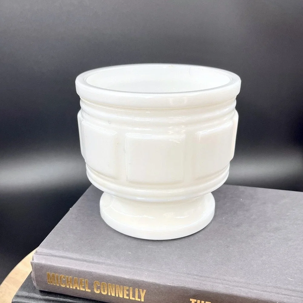 Vintage Milk Glass Pedestal Planter - Geometric Vase